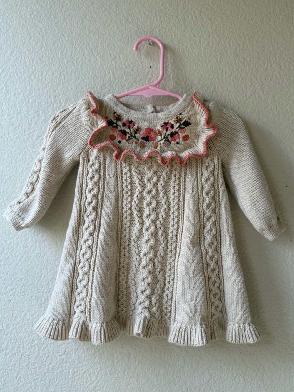 Cynthia Rowley Cream Knit Baby Dress with Pink and Olive Embroidery